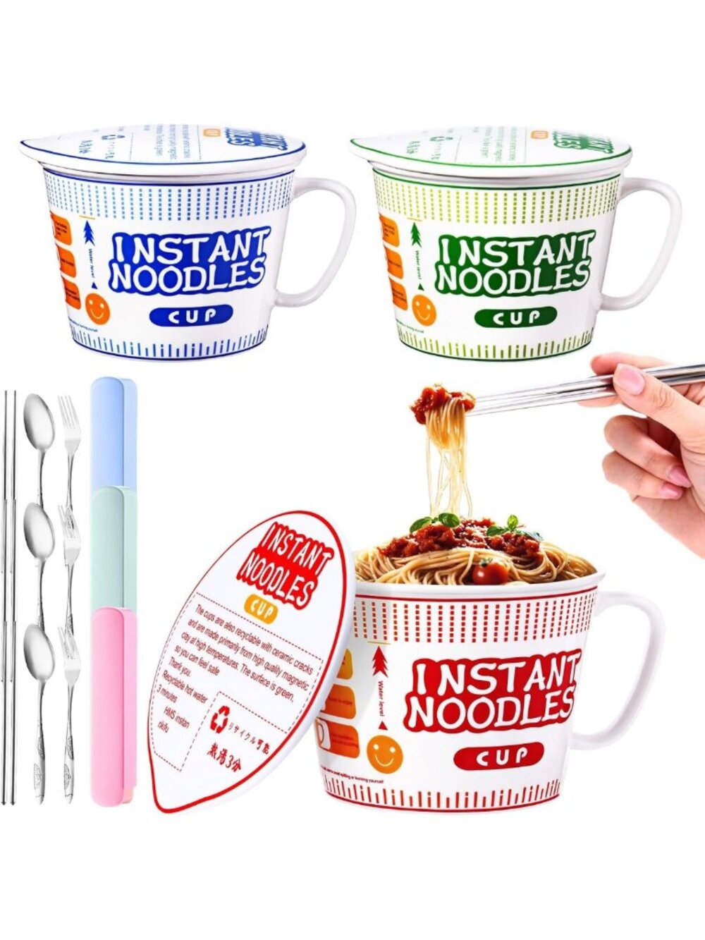 6-Piece Japanese Ramen Bowl Set with Lids & Silverware - Perfect for Home
